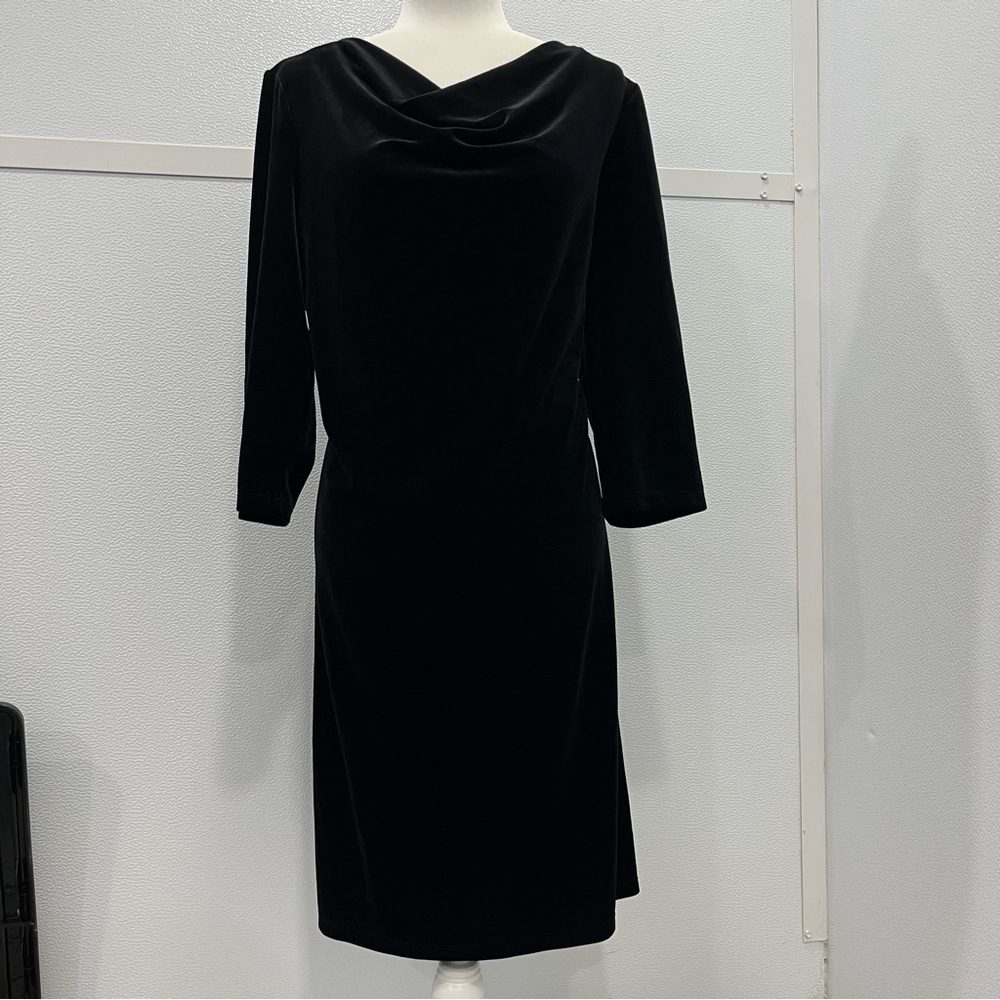 Chico’s Travelers Black Velvet Midi Dress 3/4 Sleeves Cowl Neck Women Size 2